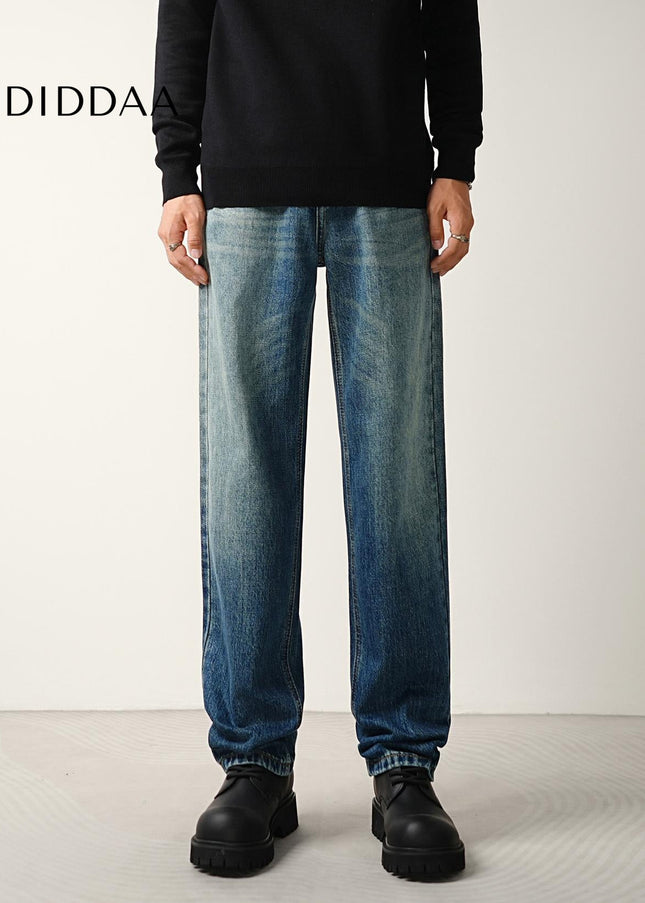 Blue Whiskering Loose Straight-Leg Jeans for Men - Men’s Jeans