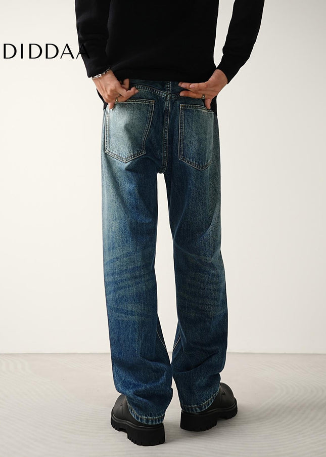 Blue Whiskering Loose Straight-Leg Jeans for Men - Men’s Jeans