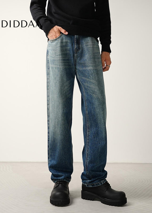 Blue Whiskering Loose Straight-Leg Jeans for Men - Men’s Jeans