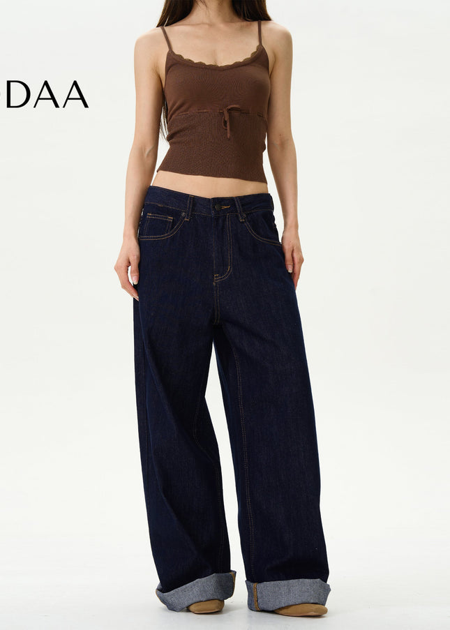 Blue Wide-Legged Lazy Pants for Trendy Couples - S / Dark Blue - Women’s Jeans