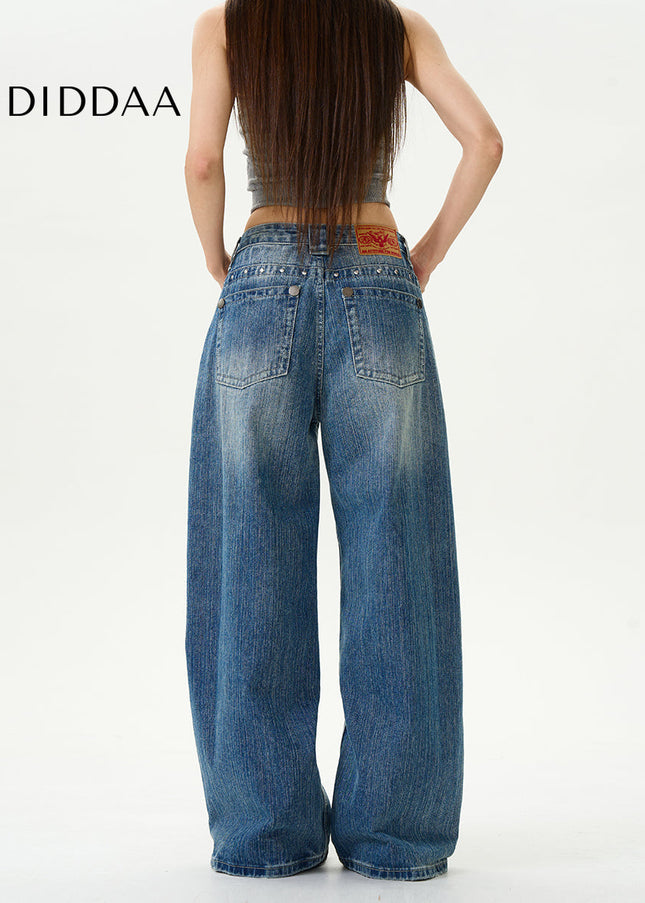 Blue Wide-Legged Loose Retro Jeans for Couples - Women’s Jeans