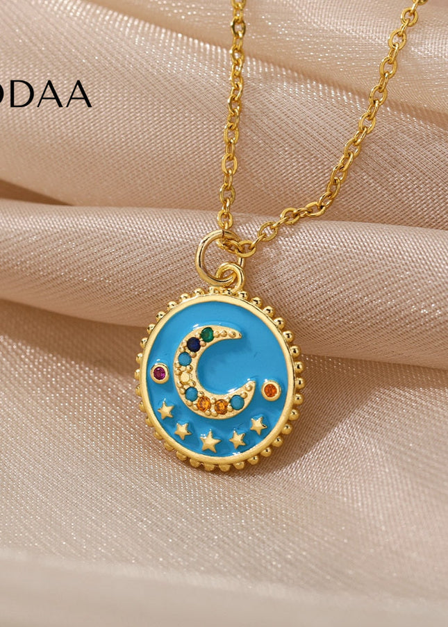 Bohemian Pendant Necklace | Gold Black Half Moon Chain - Blue - Necklaces