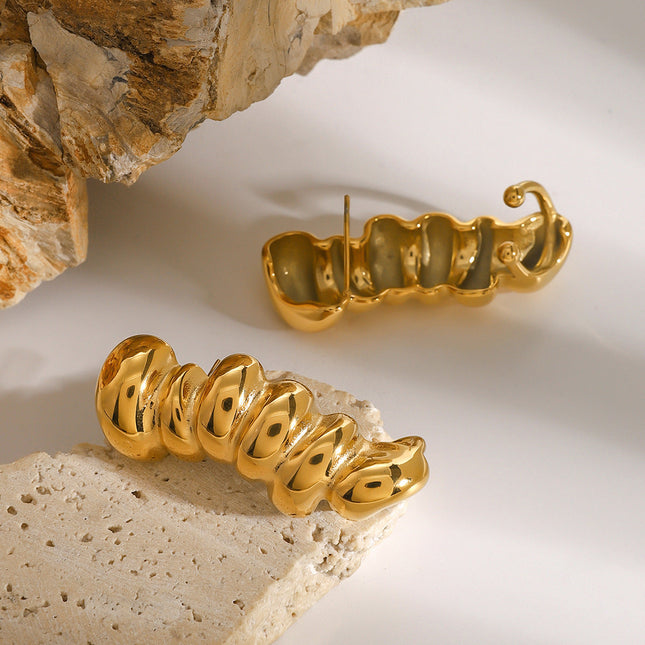 Jieding European and American stainless steel 18k gold stripe irregular glossy earrings design sense light luxury stud earrings cross-border jewelry