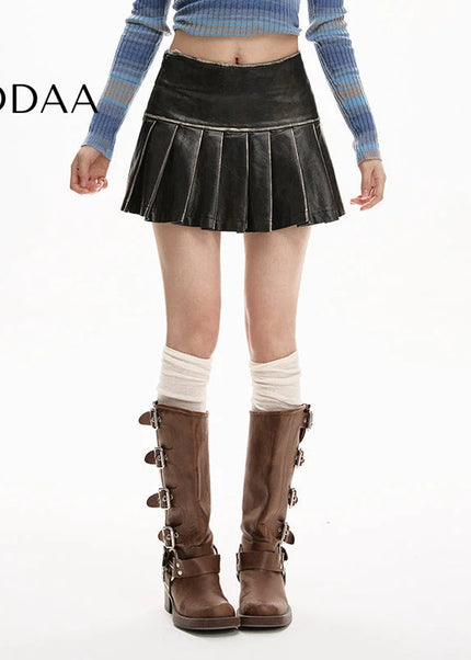 Brown High-Waisted A-Line Pleated PU Leather Skirt - S / Black - Skirts