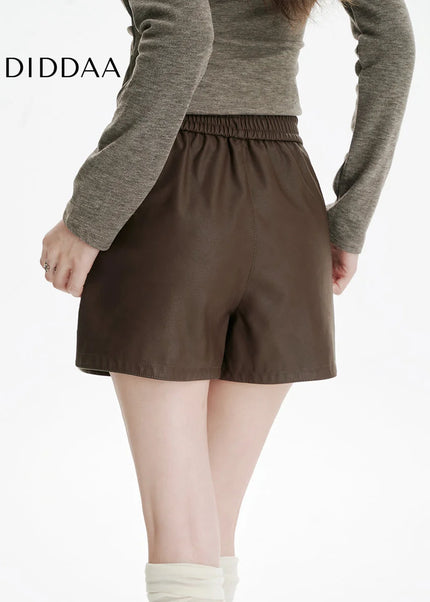 Brown High-Waisted Loose PU Leather Shorts for Women - Shorts
