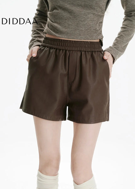 Brown High-Waisted Loose PU Leather Shorts for Women - S / Brown - Shorts