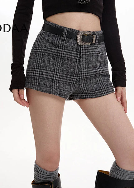Brown High-Waisted Plaid Tweed Casual Shorts Women - Shorts