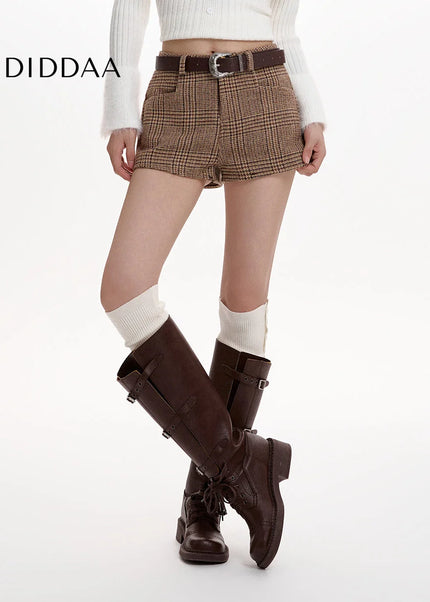 Brown High-Waisted Plaid Tweed Casual Shorts Women - Shorts