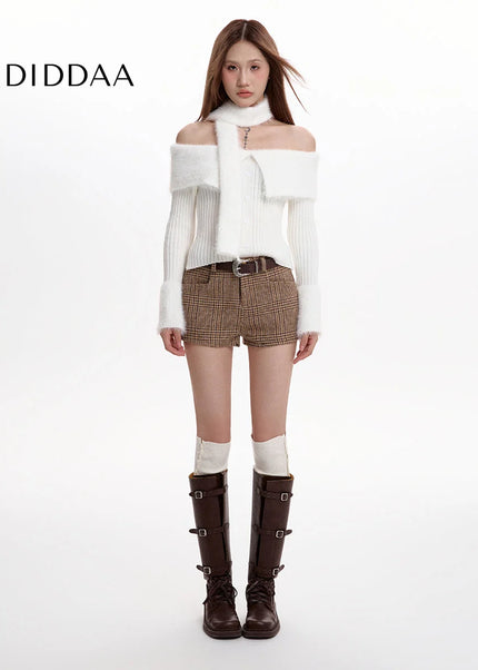 Brown High-Waisted Plaid Tweed Casual Shorts Women - Shorts