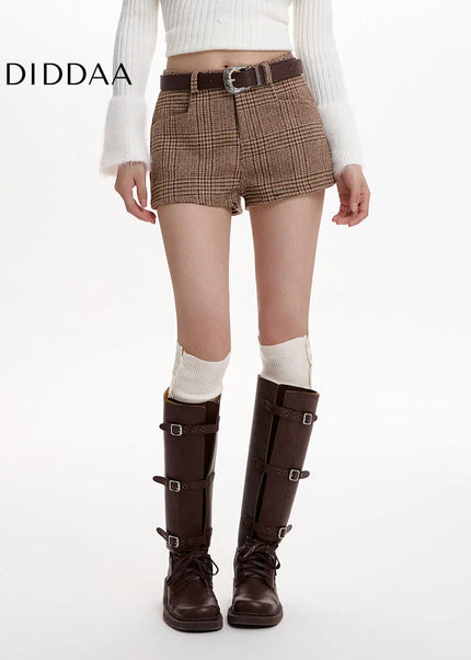 Brown High-Waisted Plaid Tweed Casual Shorts Women - Shorts