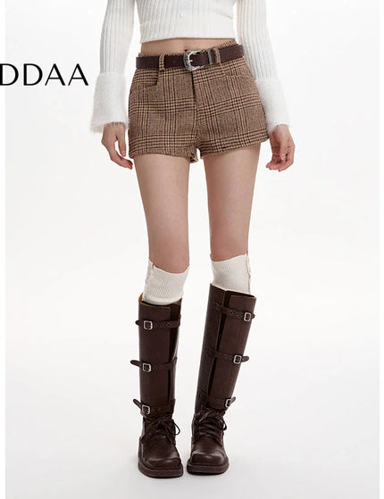 Brown High-Waisted Plaid Tweed Casual Shorts Women - S / Brown - Shorts