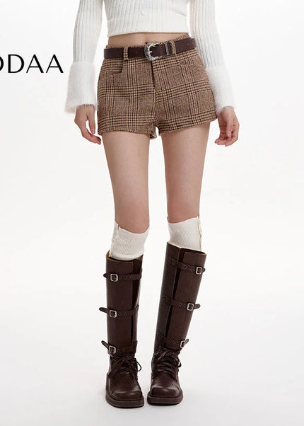 Brown High-Waisted Plaid Tweed Casual Shorts Women - S / Brown - Shorts
