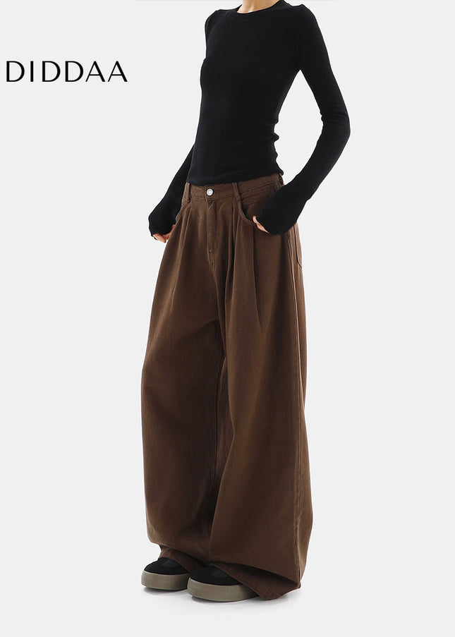 Brown High-Waisted Pleated Wide Leg Jeans Women’s Casual - Women’s Jeans
