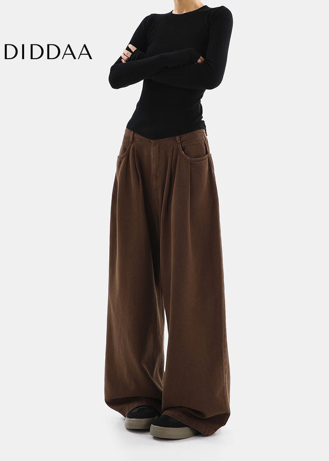 Brown High-Waisted Pleated Wide Leg Jeans Women’s Casual - Women’s Jeans