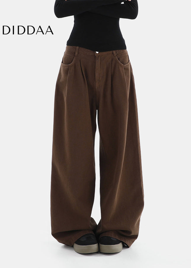 Brown High-Waisted Pleated Wide Leg Jeans Women’s Casual - Women’s Jeans