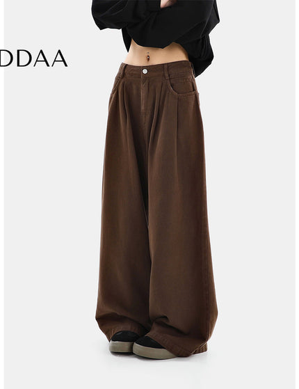 Brown High-Waisted Pleated Wide Leg Jeans Women’s Casual - S / Brown - Women’s Jeans