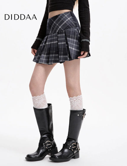 Brown High-Waisted Thin A-Line Plaid Skirt for Women - S / Black - Skirts