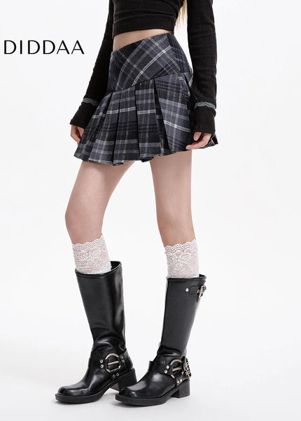 Brown High-Waisted Thin A-Line Plaid Skirt for Women - S / Black - Skirts