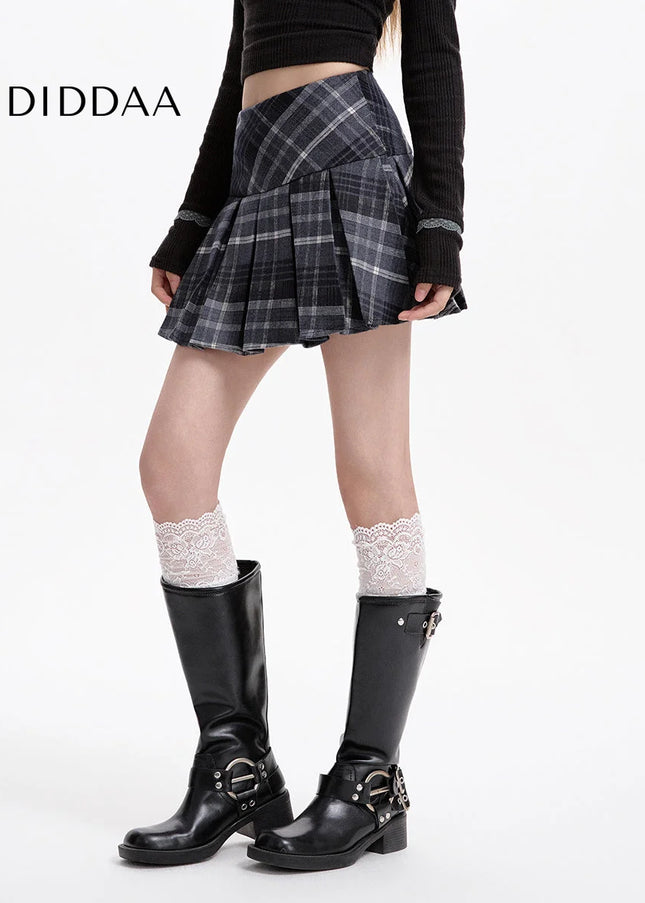 Brown High-Waisted Thin A-Line Plaid Skirt for Women - S / Black - Skirts