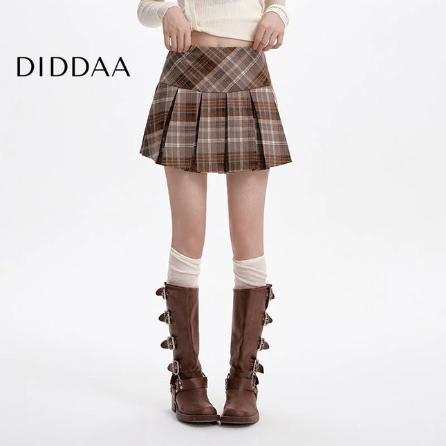 Brown High-Waisted Thin A-Line Plaid Skirt for Women - S / Brown - Skirts