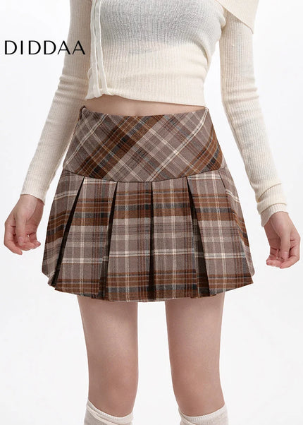 Brown High-Waisted Thin A-Line Plaid Skirt for Women - Skirts