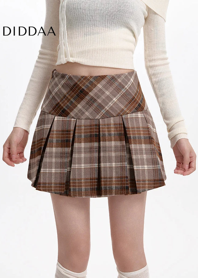 Brown High-Waisted Thin A-Line Plaid Skirt for Women - Skirts