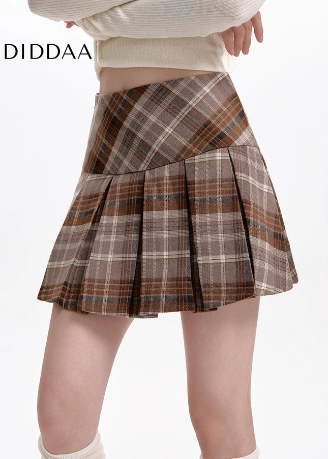 Brown High-Waisted Thin A-Line Plaid Skirt for Women - Skirts