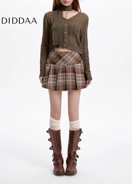 Brown High-Waisted Thin A-Line Plaid Skirt for Women - Skirts