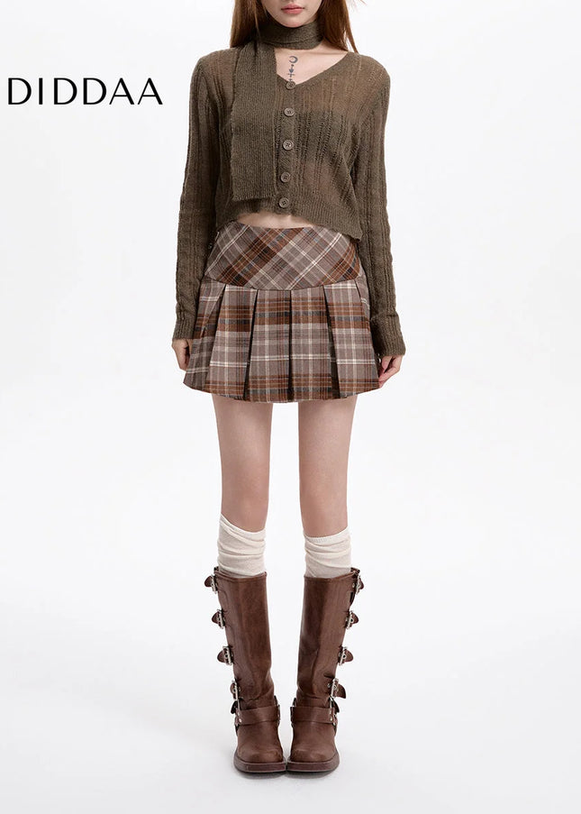 Brown High-Waisted Thin A-Line Plaid Skirt for Women - Skirts