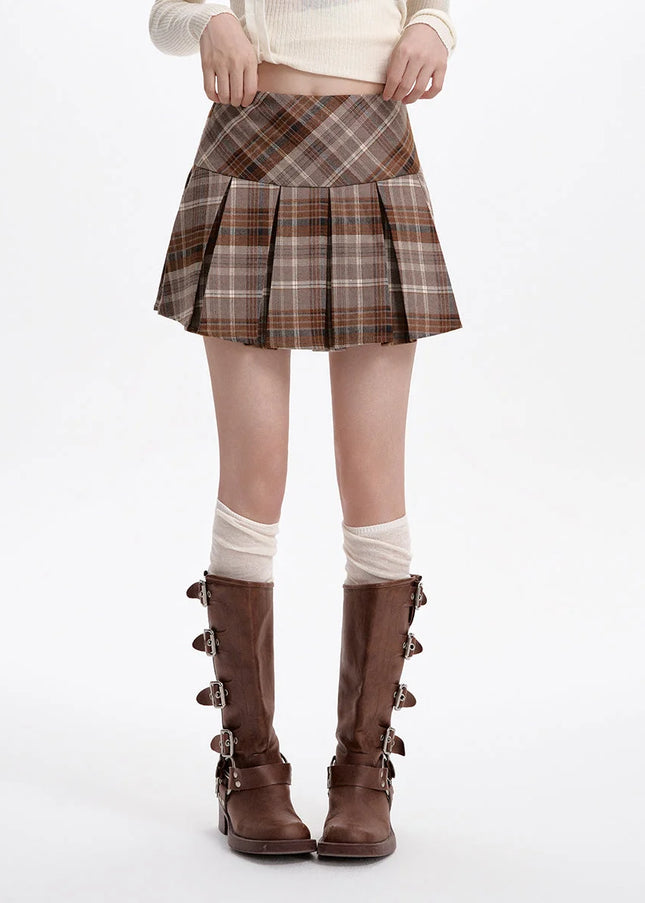 Brown High-Waisted Thin A-Line Plaid Skirt for Women - Skirts
