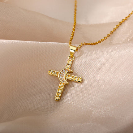 House of Shakespeare 14K Gold Plated, Zirconia Necklaces Brulee Pendant Necklace | Gold Cross Half Moon Zirconia Chain