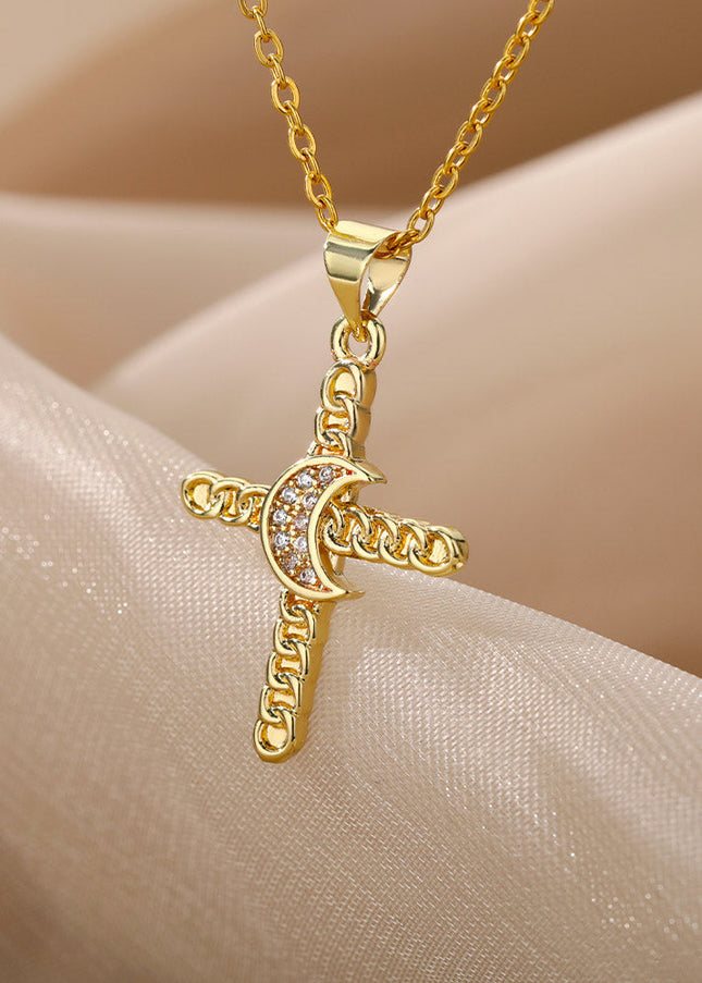 House of Shakespeare 14K Gold Plated, Zirconia Necklaces Brulee Pendant Necklace | Gold Cross Half Moon Zirconia Chain
