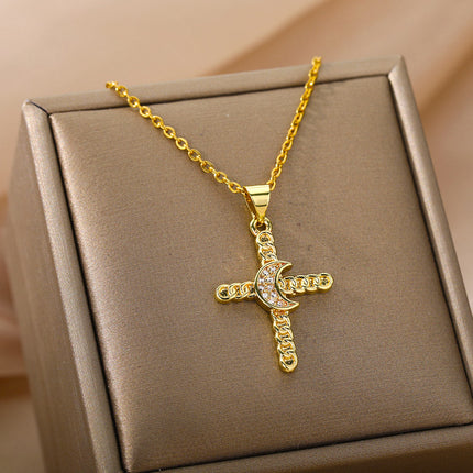 House of Shakespeare Gold 14K Gold Plated, Zirconia Necklaces Brulee Pendant Necklace | Gold Cross Half Moon Zirconia Chain