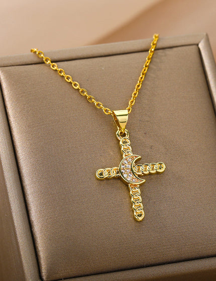 House of Shakespeare Gold 14K Gold Plated, Zirconia Necklaces Brulee Pendant Necklace | Gold Cross Half Moon Zirconia Chain