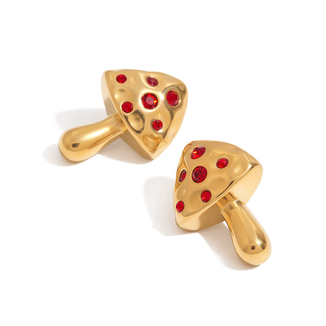 Jieding European and American stainless steel red zirconia earrings, titanium steel, 18K gold, non-fading, mushroom earrings, light luxury luxury accessories