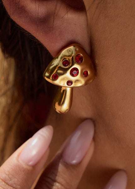 Jieding European and American stainless steel red zirconia earrings, titanium steel, 18K gold, non-fading, mushroom earrings, light luxury luxury accessories