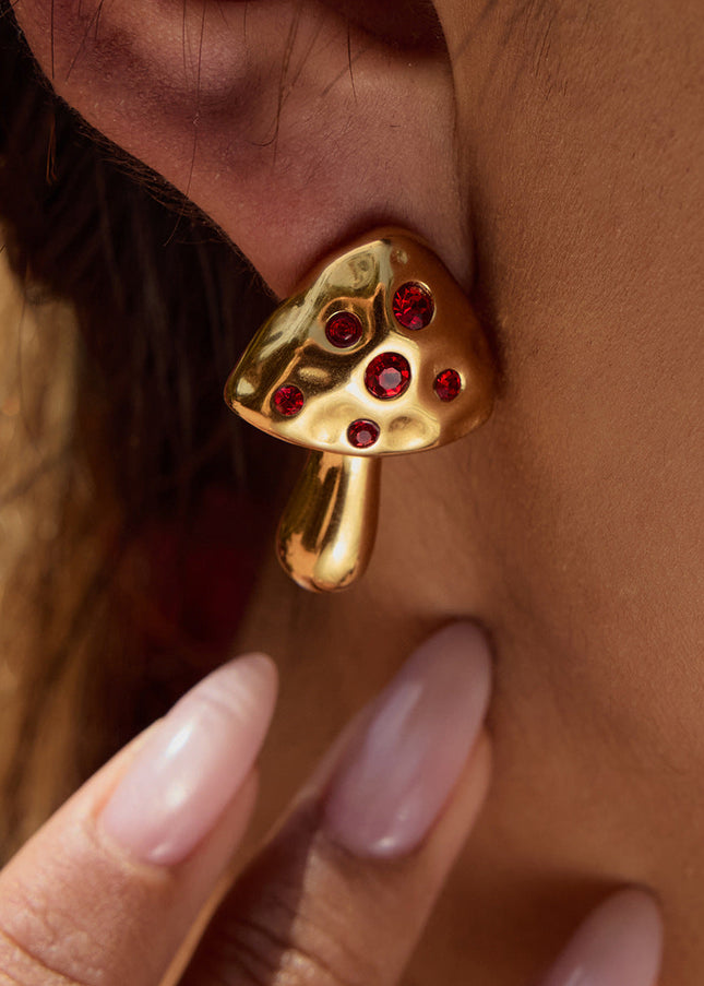 Jieding European and American stainless steel red zirconia earrings, titanium steel, 18K gold, non-fading, mushroom earrings, light luxury luxury accessories