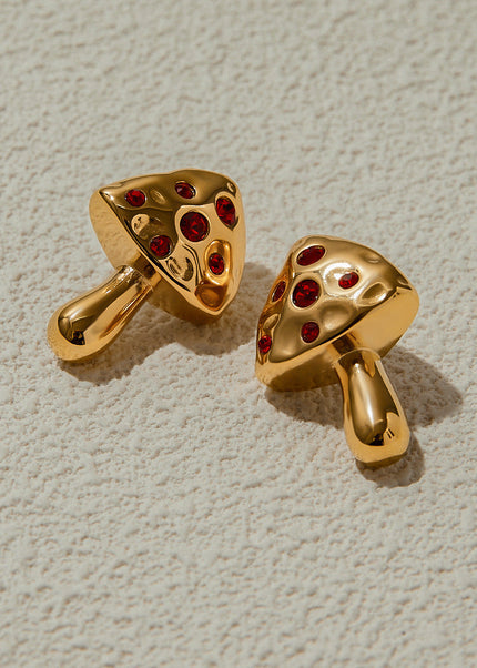 Jieding European and American stainless steel red zirconia earrings, titanium steel, 18K gold, non-fading, mushroom earrings, light luxury luxury accessories
