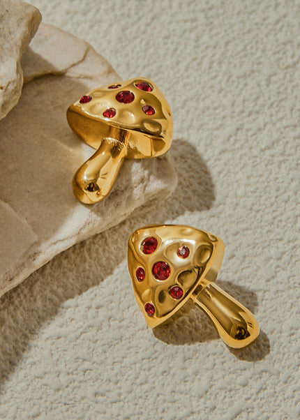 Jieding European and American stainless steel red zirconia earrings, titanium steel, 18K gold, non-fading, mushroom earrings, light luxury luxury accessories
