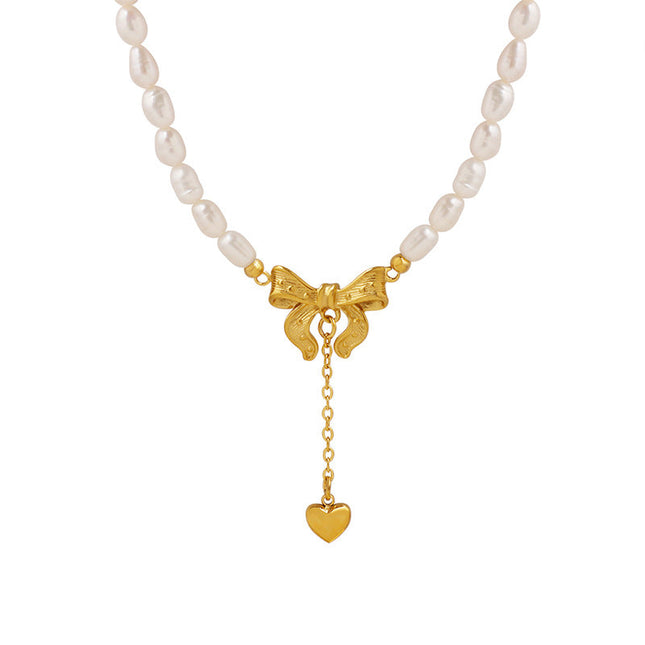 French princess with bow tassel love pendant freshwater pearl necklace elegant and fashionable non-fading jewelry