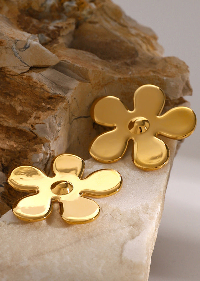 INS 18K gold stainless steel glossy flower earrings European and American fashion high-end sense light luxury niche titanium steel flower stud earrings