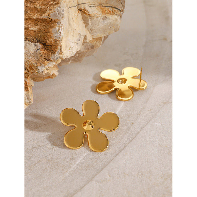 INS 18K gold stainless steel glossy flower earrings European and American fashion high-end sense light luxury niche titanium steel flower stud earrings