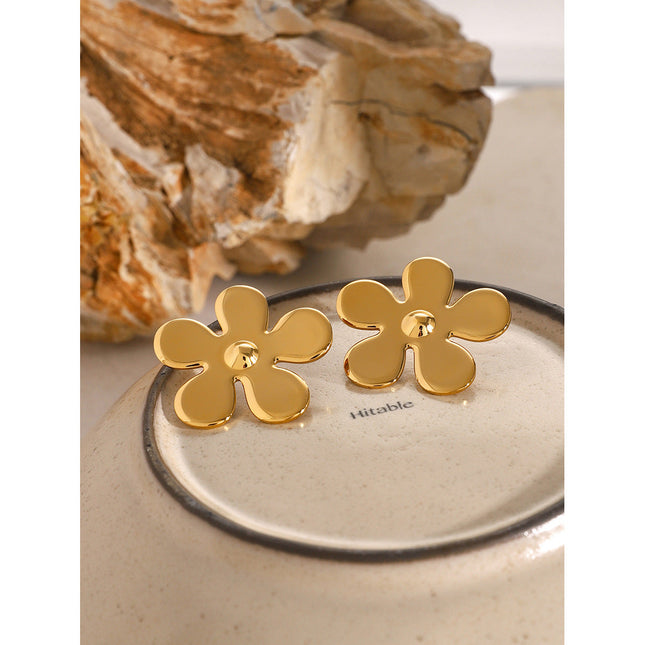INS 18K gold stainless steel glossy flower earrings European and American fashion high-end sense light luxury niche titanium steel flower stud earrings