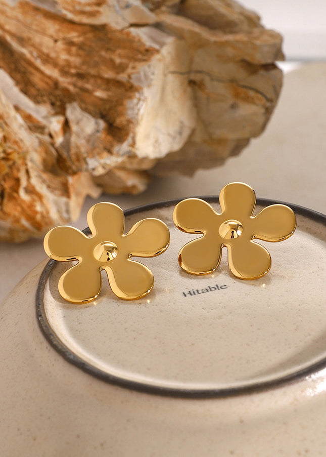 INS 18K gold stainless steel glossy flower earrings European and American fashion high-end sense light luxury niche titanium steel flower stud earrings