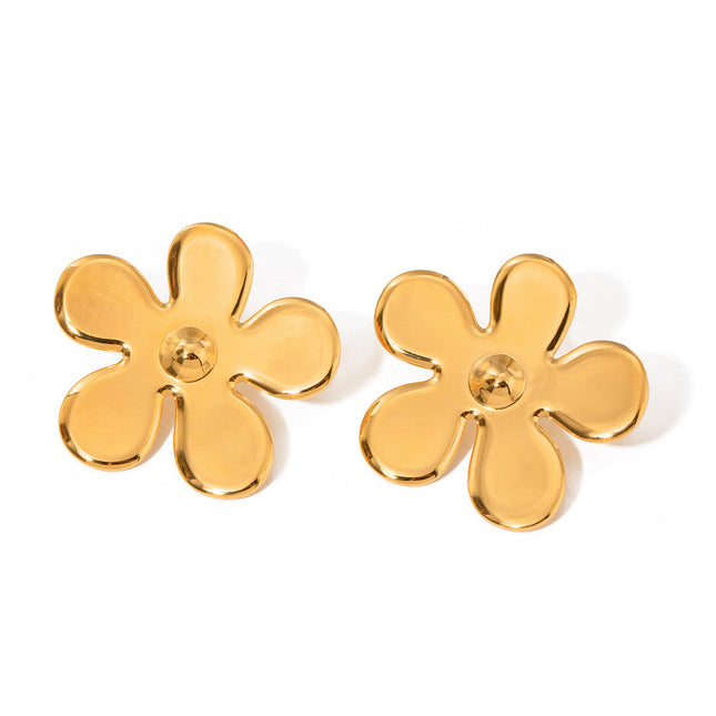 INS 18K gold stainless steel glossy flower earrings European and American fashion high-end sense light luxury niche titanium steel flower stud earrings