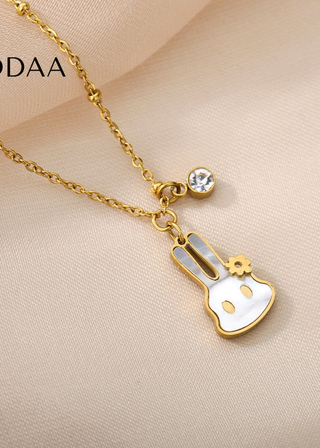 Bunny Pendant Necklace | Gold White Pearl Animal Zirconia Chain - Gold - Necklaces