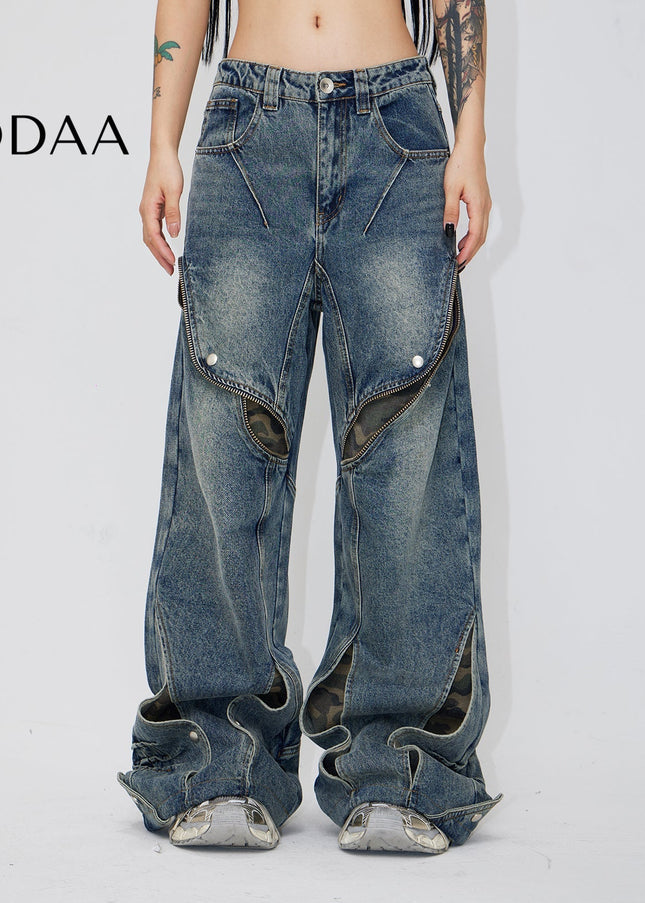 Camo Distressed Loose Wide Leg Jeans - L - Men’s Jeans