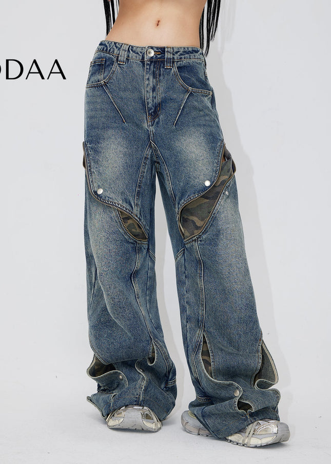 Camo Distressed Loose Wide Leg Jeans - Men’s Jeans