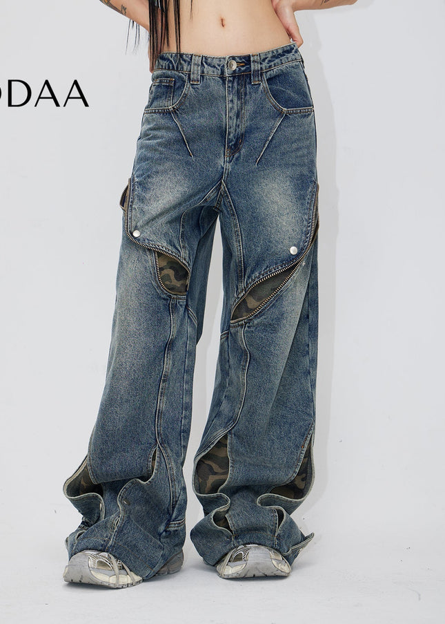 Camo Distressed Loose Wide Leg Jeans - Men’s Jeans