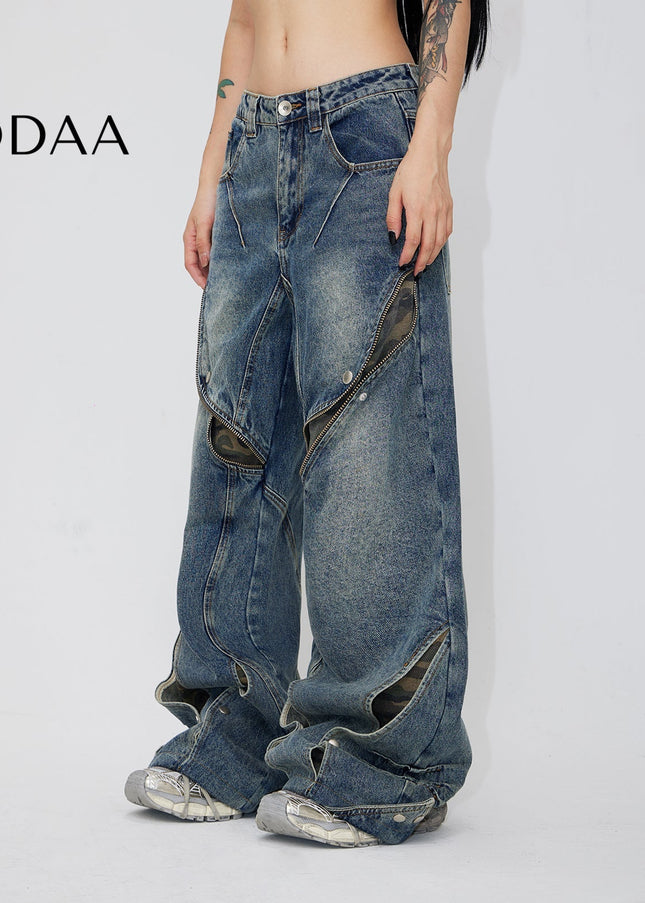 Camo Distressed Loose Wide Leg Jeans - Men’s Jeans